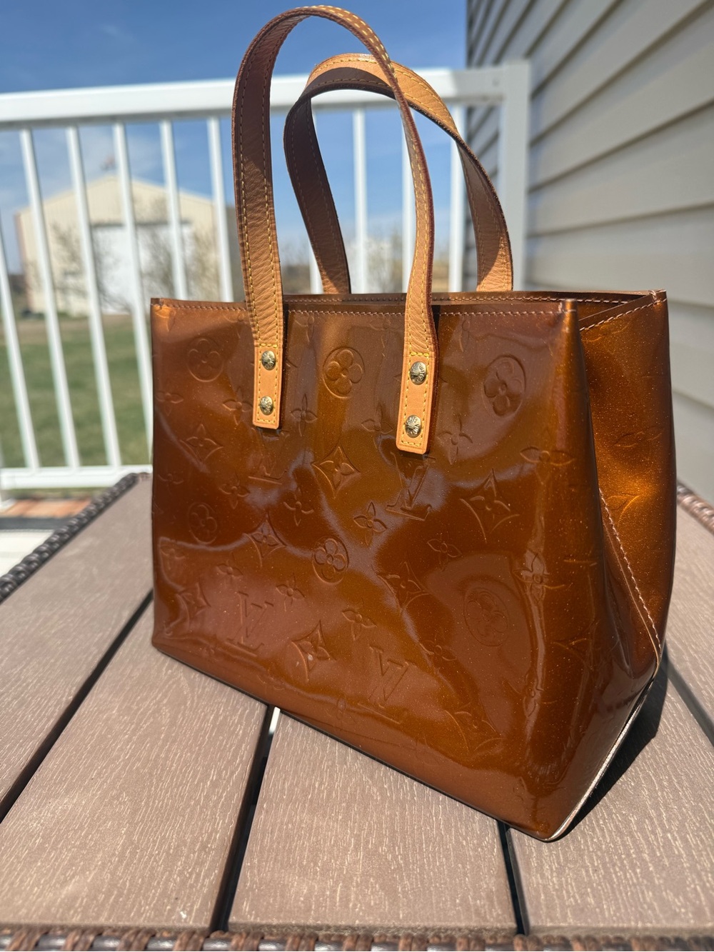 Louis Vuitton Brown Patent Mini Tote with Tan Handles